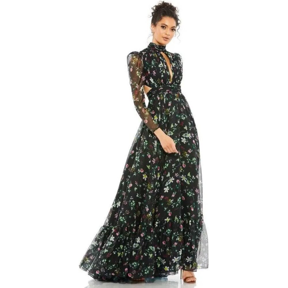 Mac Duggal Floral Chiffon Open Back Gown 67942 Size 0 NWT